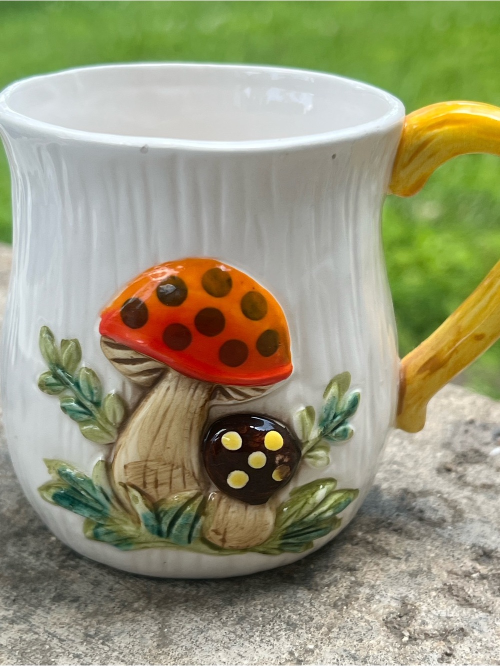 Vintage Embossed Mushroom Ceramic Coffee Mug Woodland Cottagecore Yellow Handle